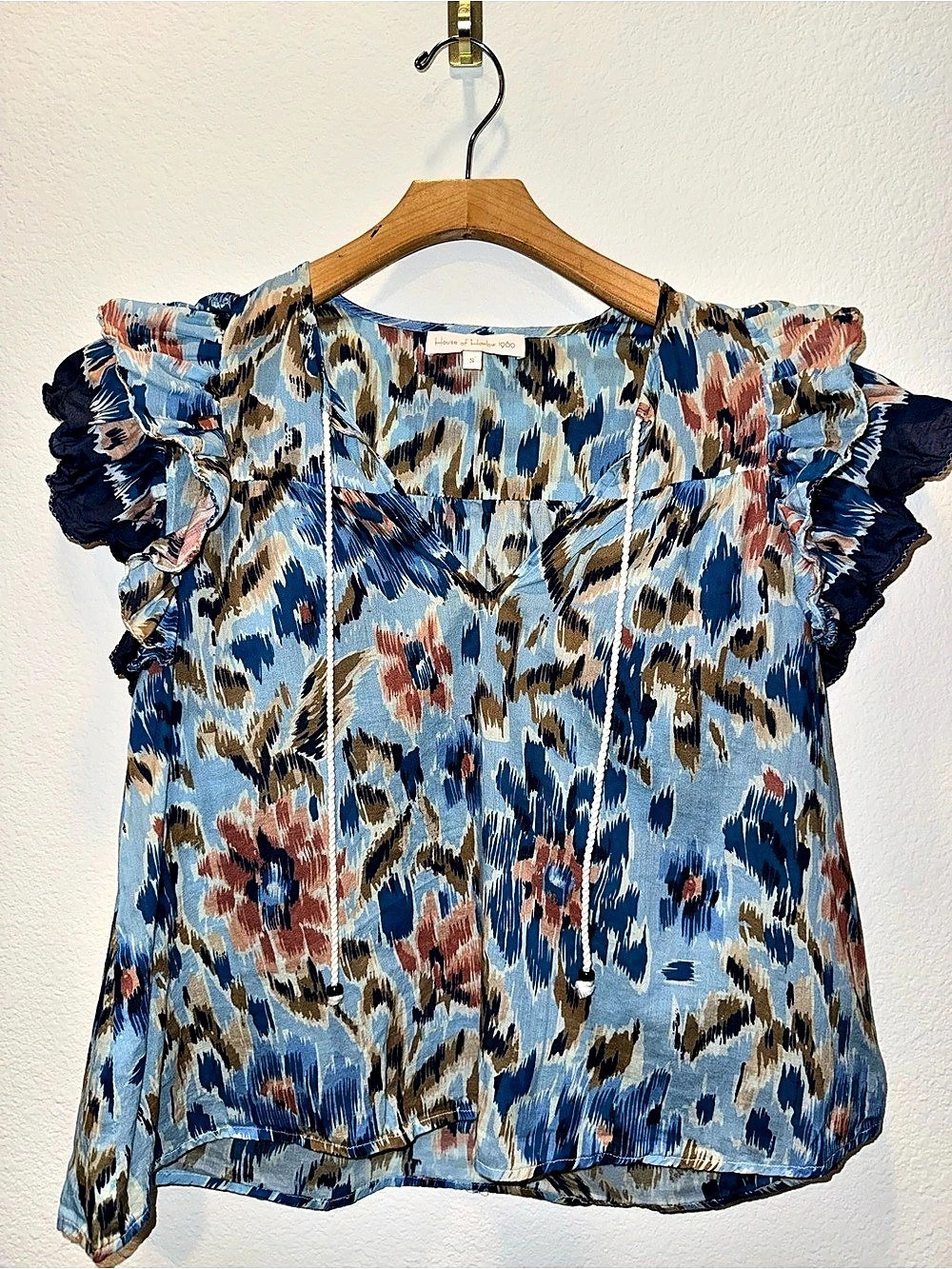 House of Harlow 1960 Abstract Ruffle Sleeve Blouse in Blue & Pink Size Small